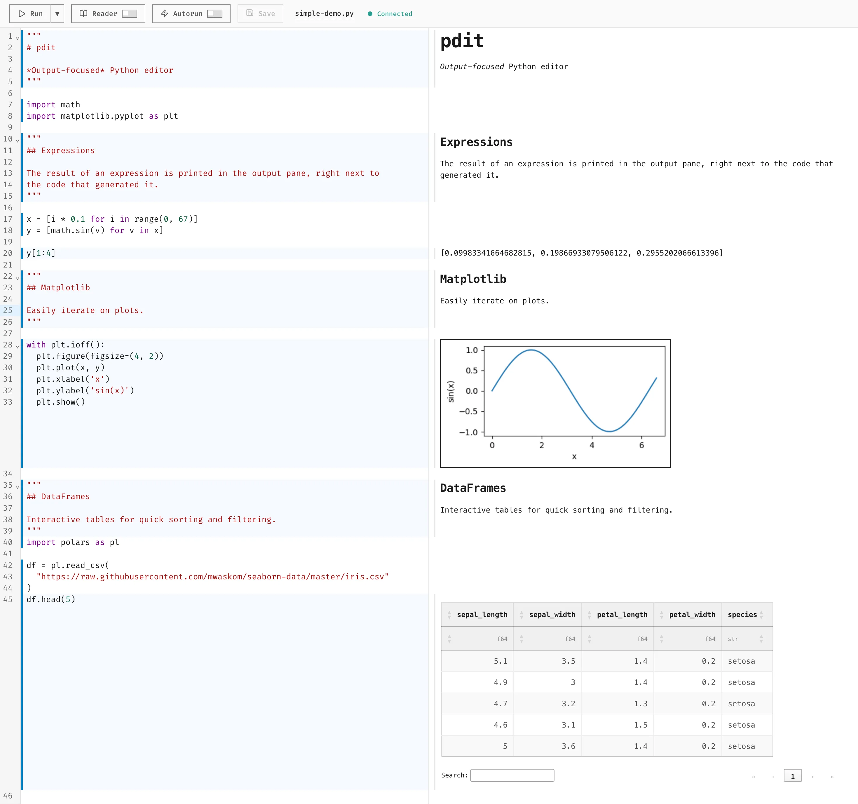 pdit showing code and rendered output side by side.